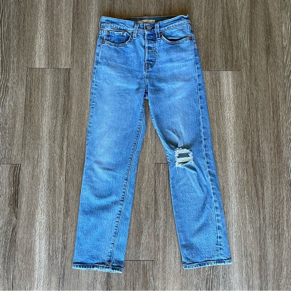 Levi’s Premium Wedgie Straight Jeans Jive Tone Blue Ripped Knee Cropped Ankle 24 - Picture 10 of 16